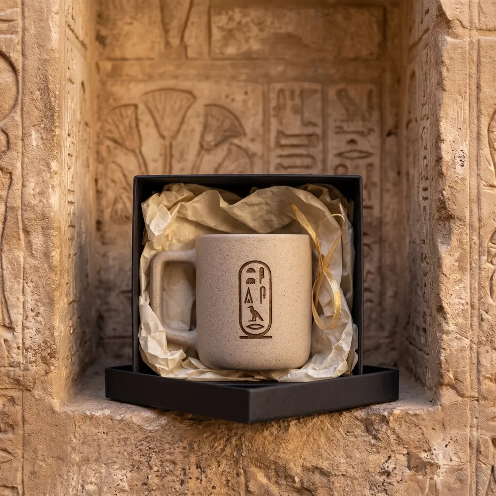 مج باسم محفور في علبة هدية